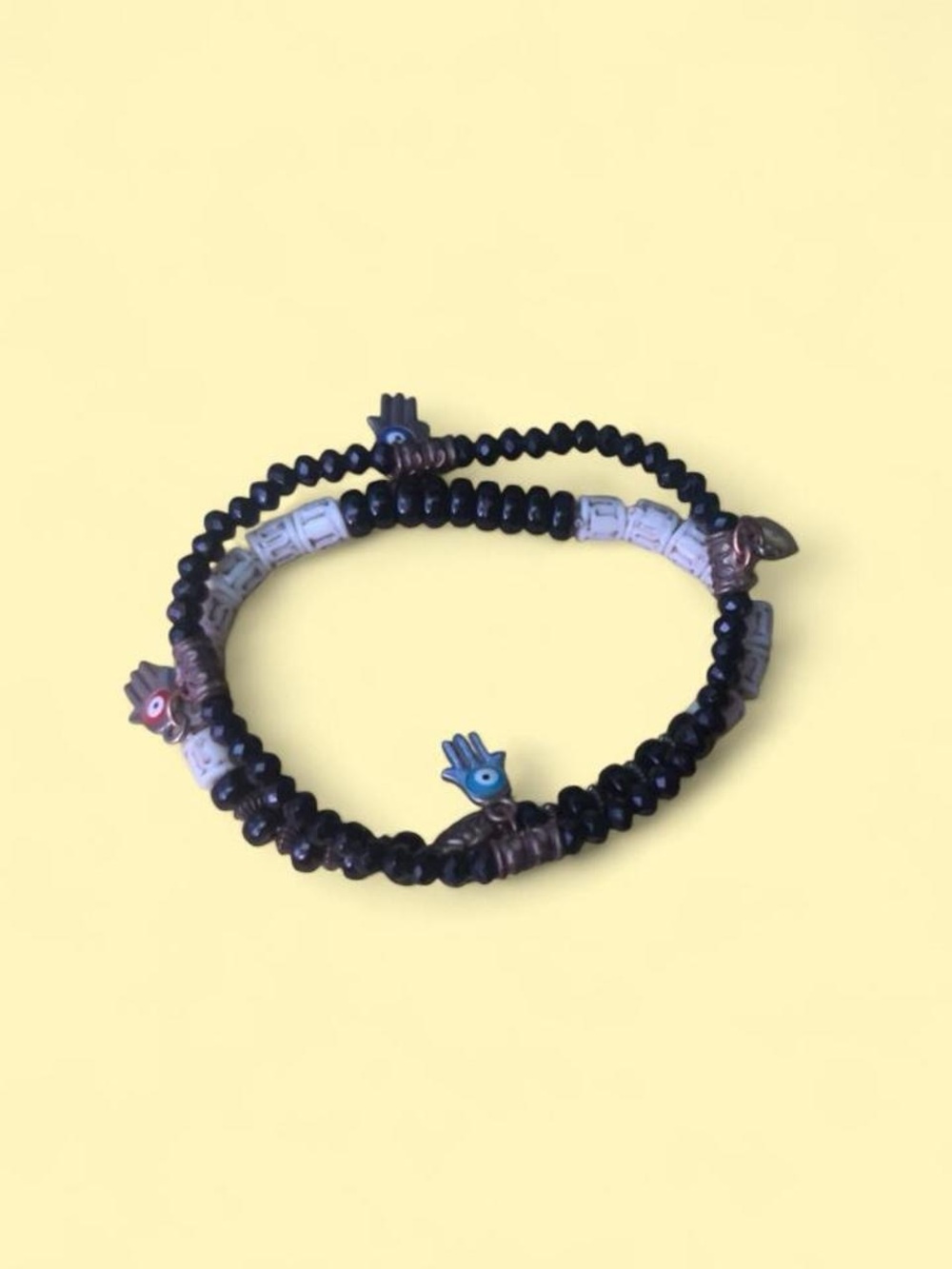Boho Black Beaded Hamsa Charm Bracelet - Unbranded
